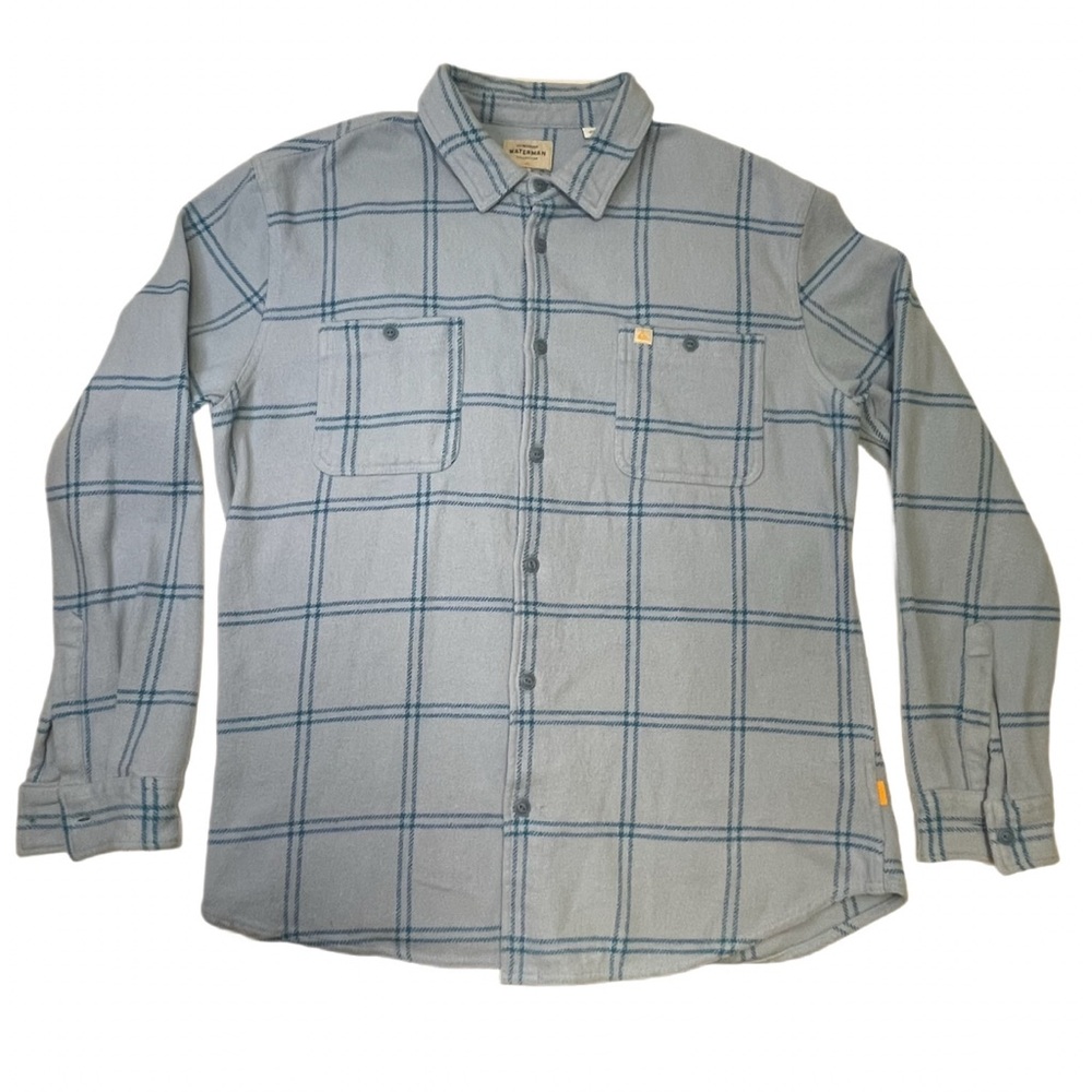 Men's XL Quiksilver Waterman Heavy Flannel Plaid Long Sleeve Light Blue Logo